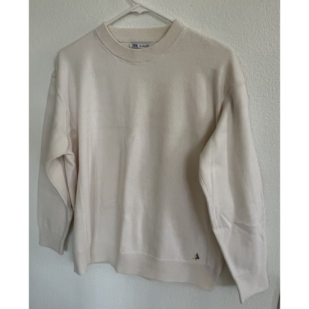 Zara Fine Knit Sweater Cream Beige Crew Neck Long Sleeve Womens Sz L Minimalist